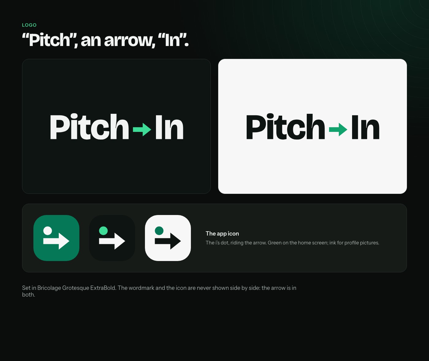 The Pitch In logo: Pitch, an arrow, In, set in Bricolage Grotesque ExtraBold with the arrow in green, on dark and light grounds. Below it, the app icon in green, ink and paper: the i's dot riding the arrow