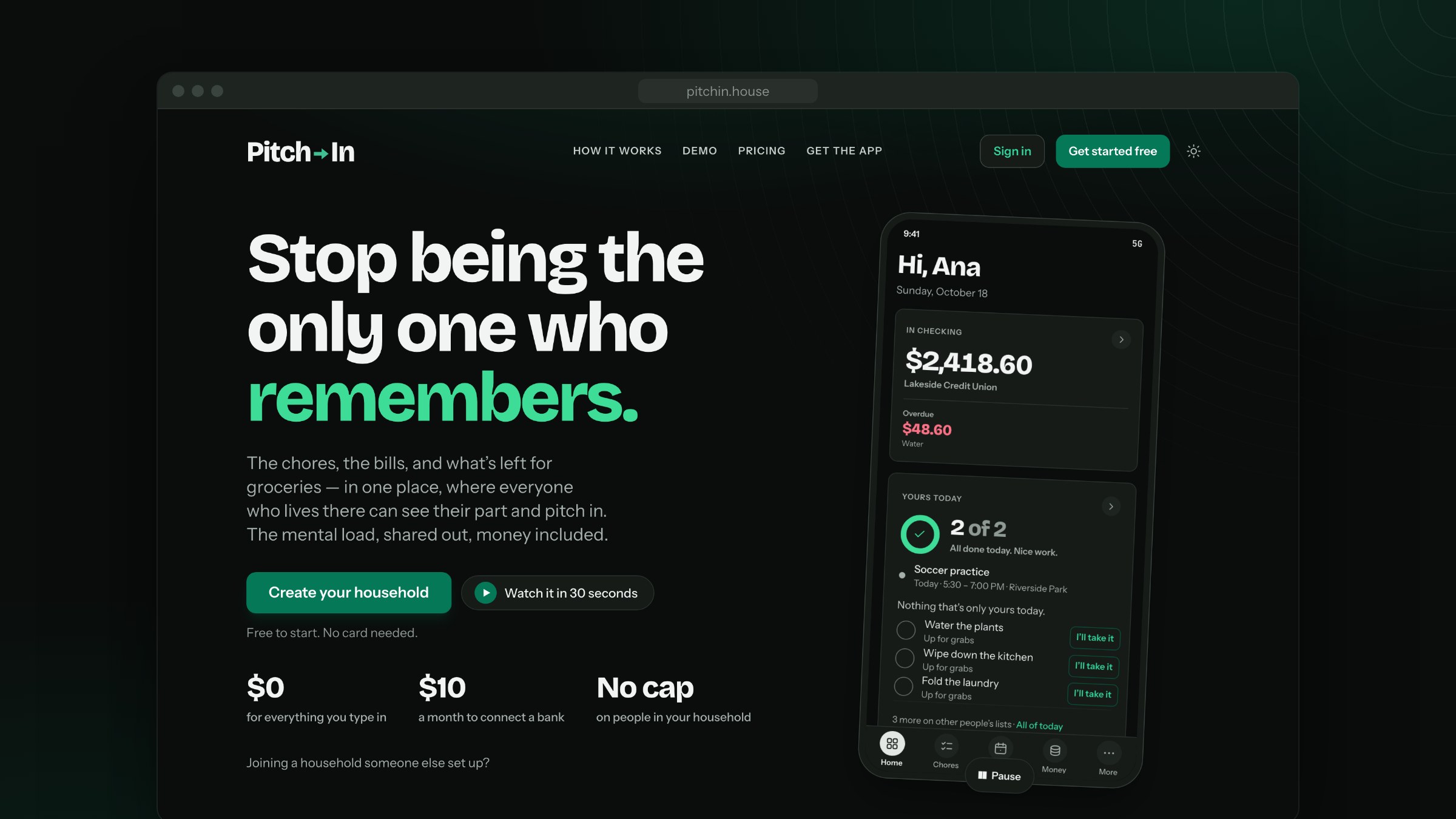 The top of the Pitch In landing page: Stop being the only one who remembers, with Create your household and Watch it in 30 seconds buttons, $0, $10 and No cap underneath, and a phone touring Ana's Home beside it