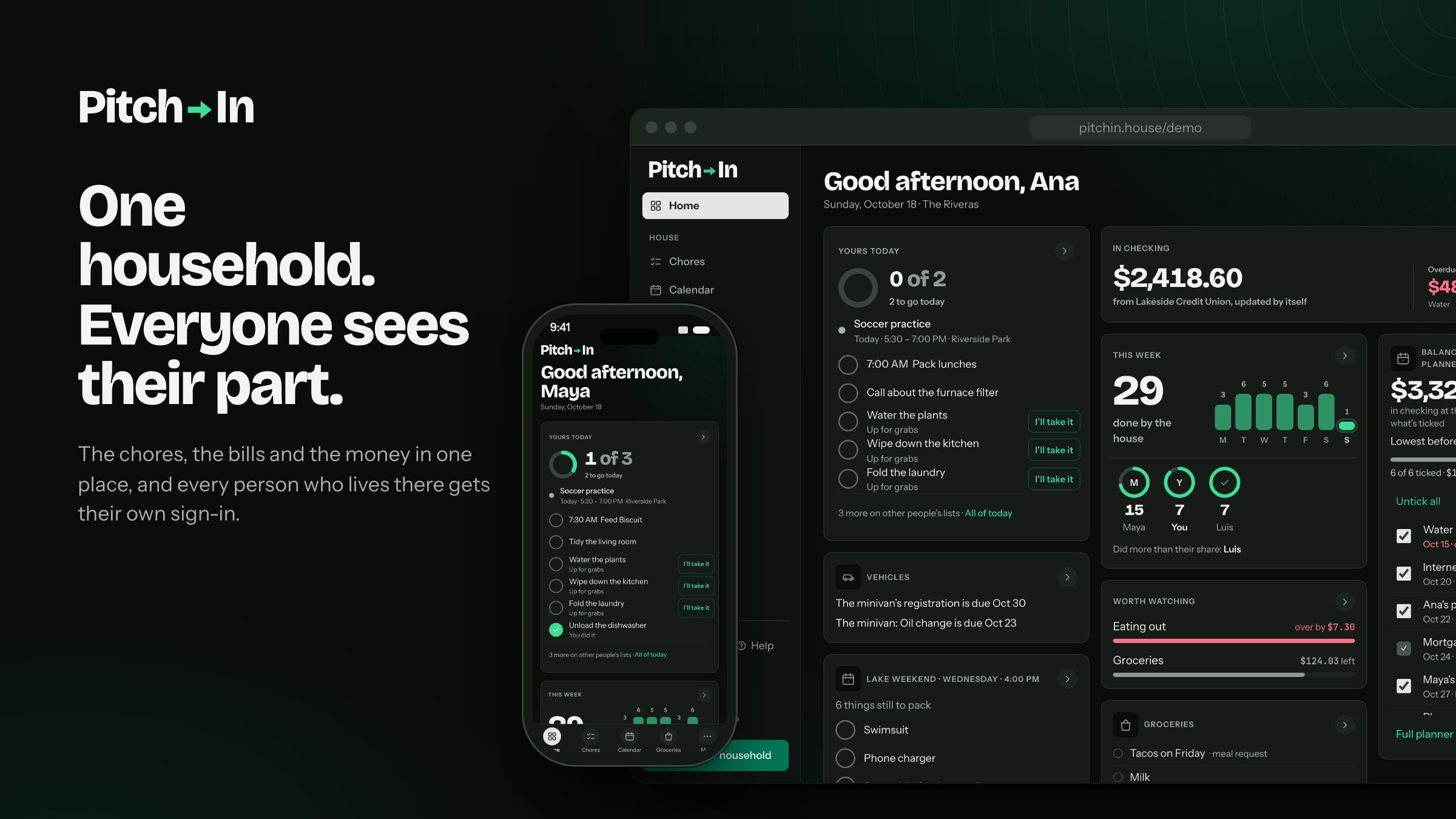 "One household. Everyone sees their part. The chores, the bills and the money in one place, and every person who lives there gets their own sign-in." Beside it, the demo household's Home in a browser in dark mode, as Ana, a parent: her chores for today (0 of 2) with three chores up for grabs, $2,418.60 in checking, 29 done by the house this week (Maya 15, Ana 7, Luis 7), the minivan's registration and oil change, and the balance planner. In front, a phone shows Maya's Home: 1 of 3 done, and no money.