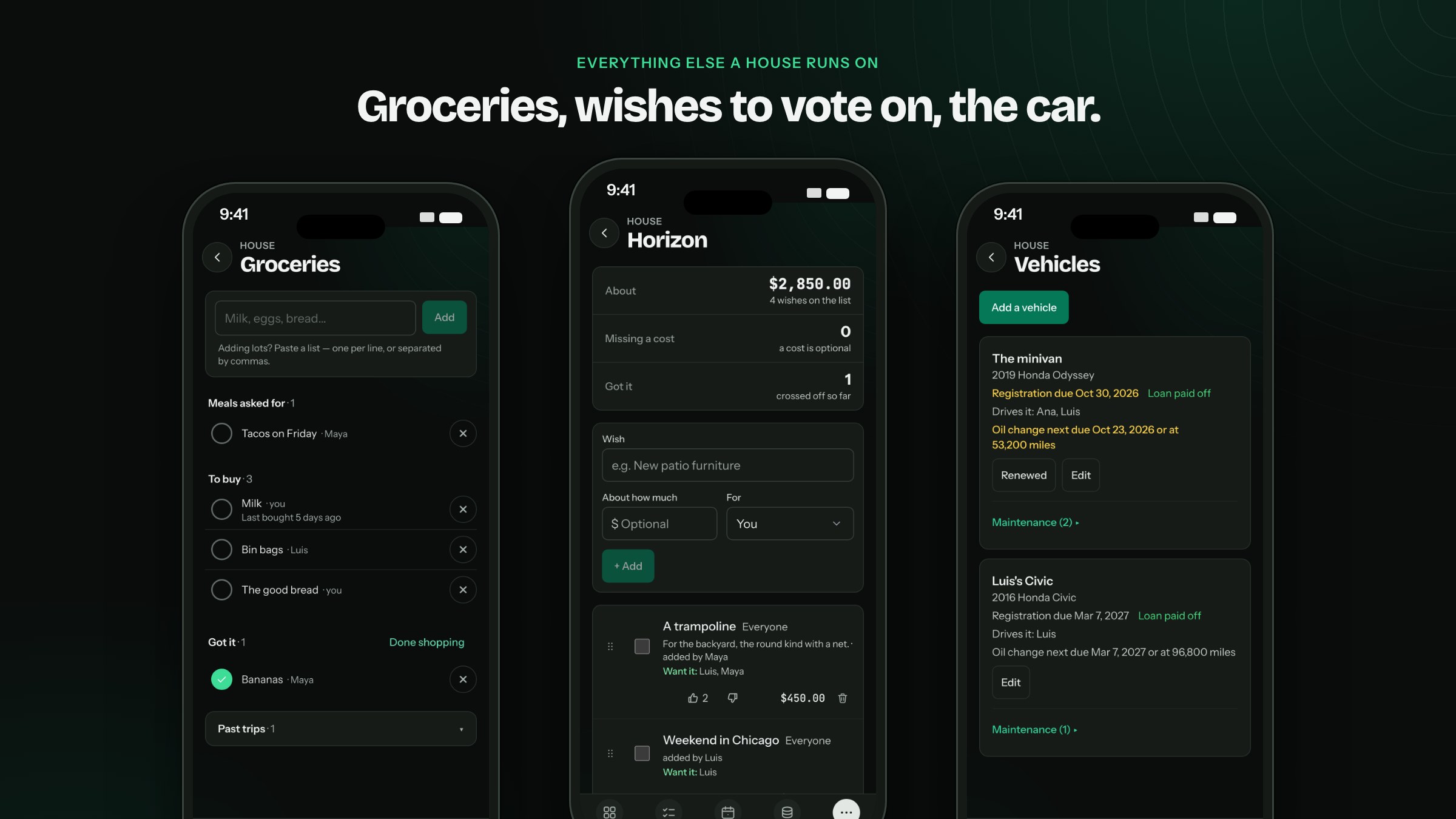 "Everything else a house runs on. Groceries, wishes to vote on, the car." Three phones in dark mode: the shared grocery list with Maya's meal request for tacos on Friday and who added each item, Horizon, where the household votes on $2,850.00 of wishes like a trampoline and a weekend in Chicago, and vehicles with the minivan's registration and oil change due and Luis's Civic.