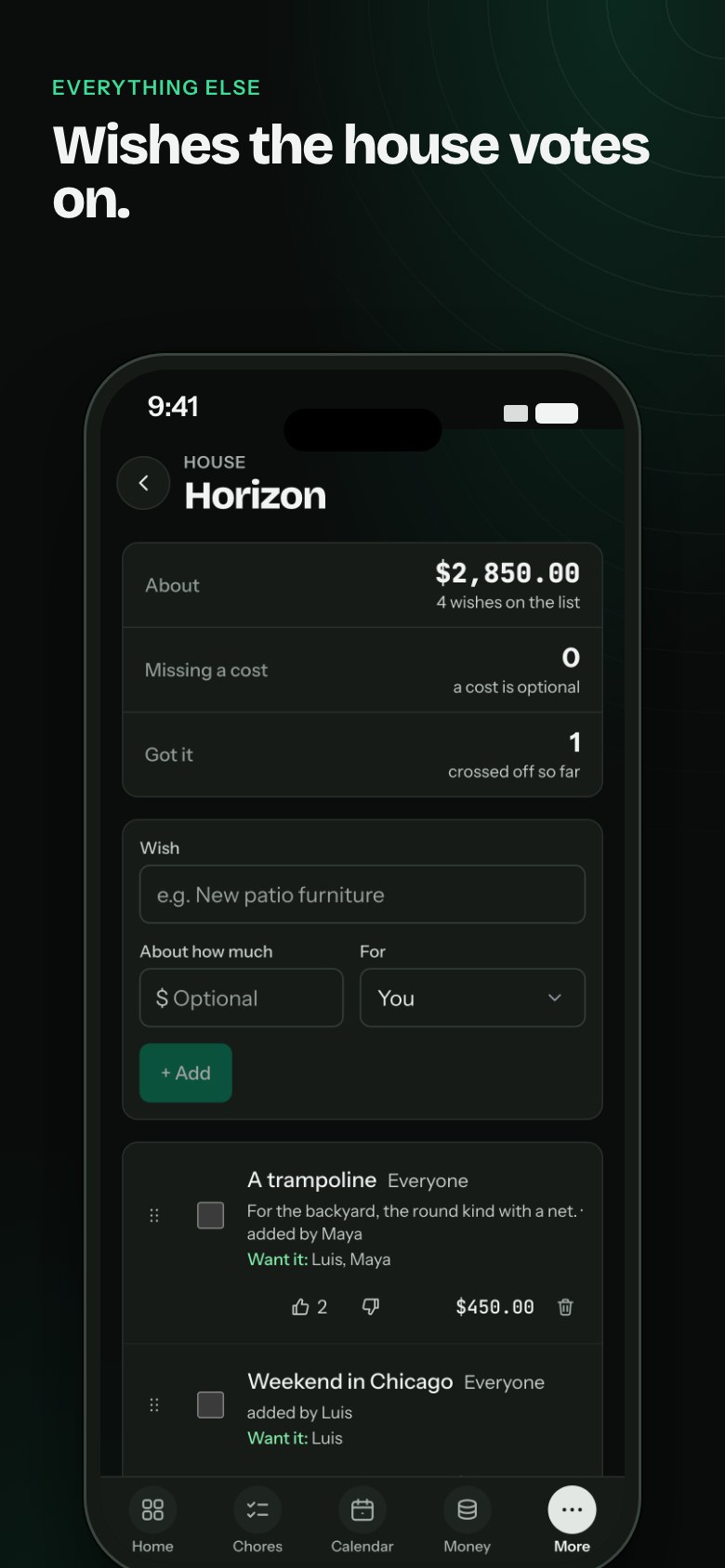 "Everything else. Wishes the house votes on." Horizon on a phone: $2,850.00 across four wishes on the list, and a trampoline and a weekend in Chicago with who wants each one.