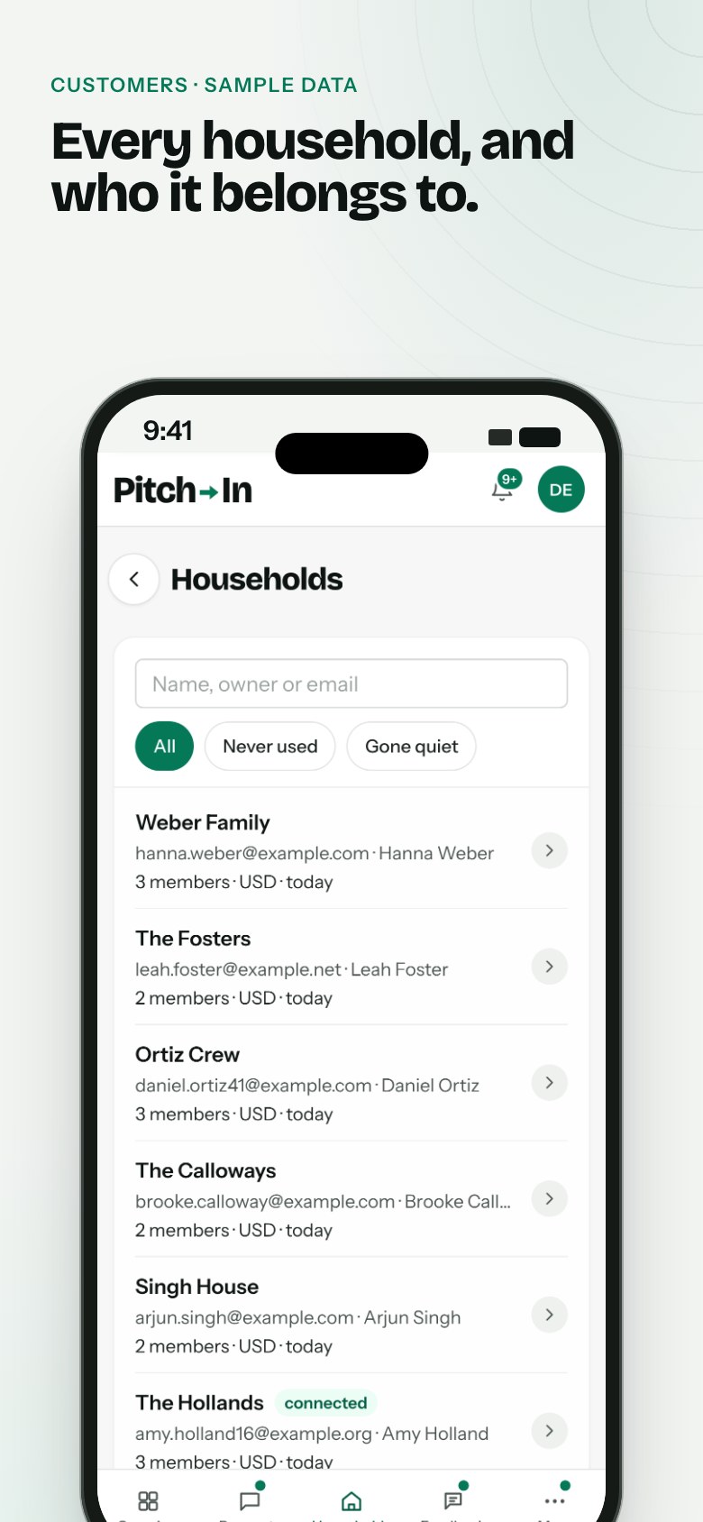 "Customers, sample data. Every household, and who it belongs to." The Households list on a phone in light mode, with search, filters, and each household's owner, member count and when it was last used.