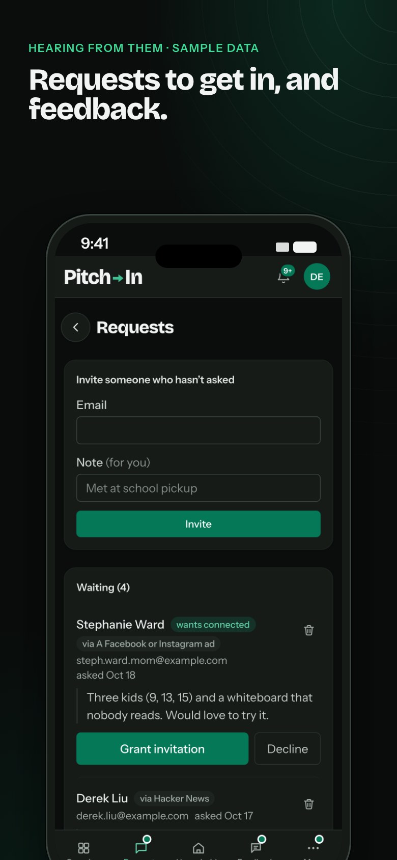 "Hearing from them, sample data. Requests to get in, and feedback." Requests on a phone in dark mode: an invite form, and four people waiting, the first asking for the Connected plan, with Grant invitation and Decline buttons.